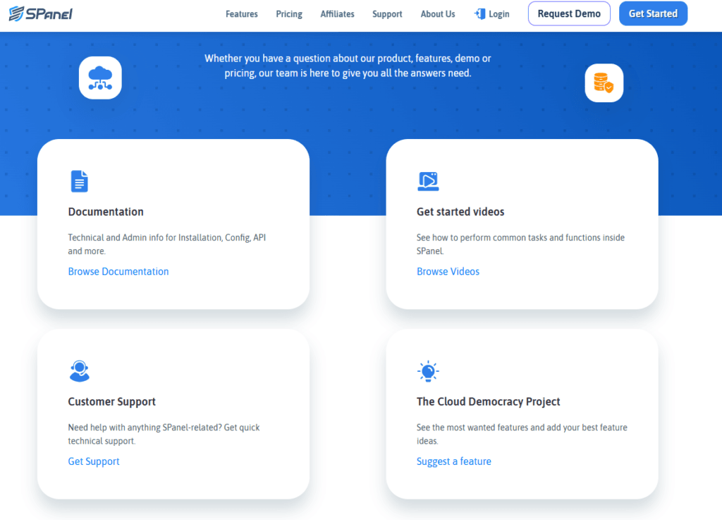SPanel: the different support channels
