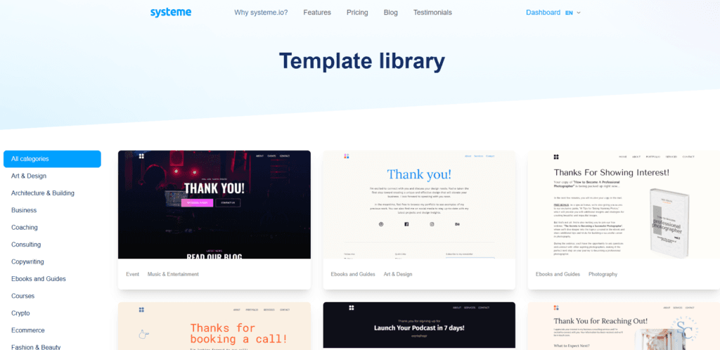 Systeme.io: variety of templates available to users