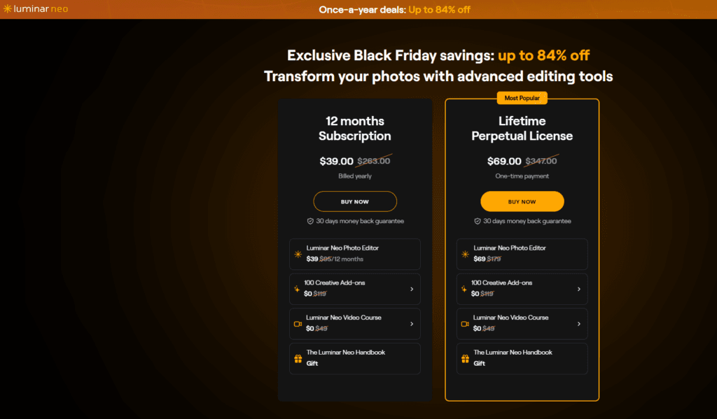 Skylum Luminar Neo: Pricing table comparison