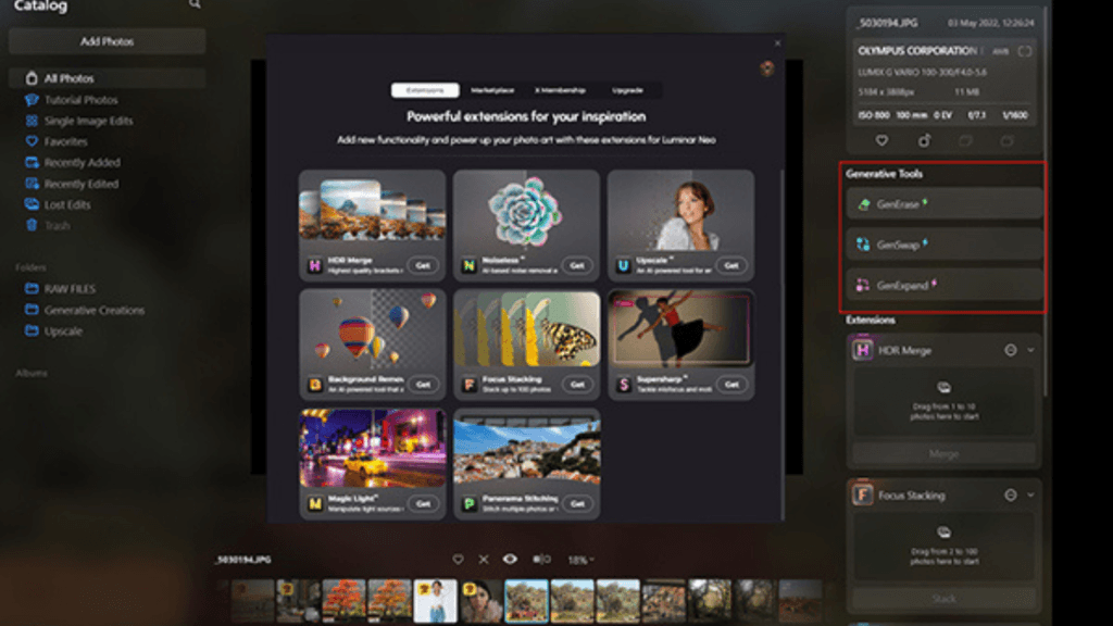 Skylum Luminar Neo: Plugin selection menu