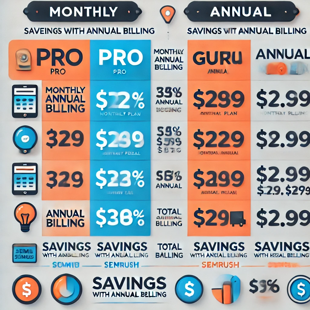 SEMrush pricing: A side-by-side table or infographic comparing monthly and annual costs for each plan
