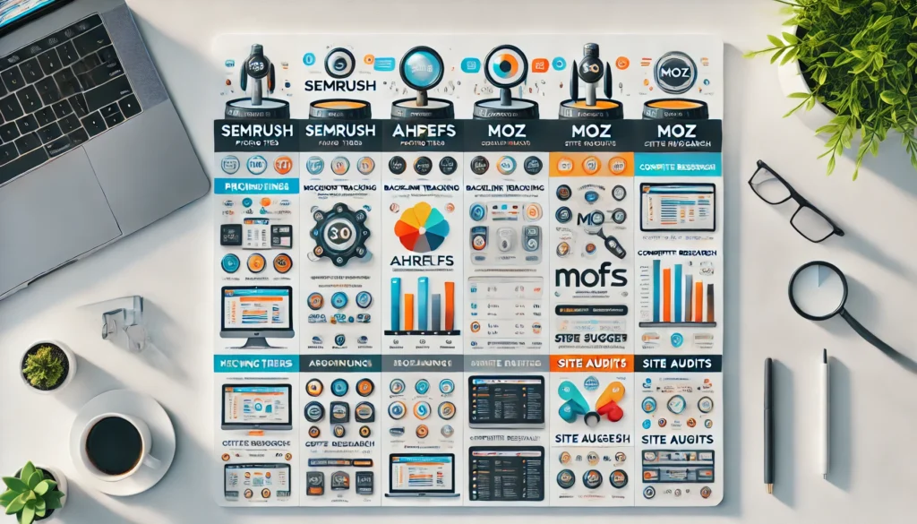 SEMrush pricing: A side-by-side comparison table showing the pricing and features of SEMrush, Ahrefs, Moz, SpyFu, and Ubersuggest. This will help readers quickly understand the differences between the platforms.