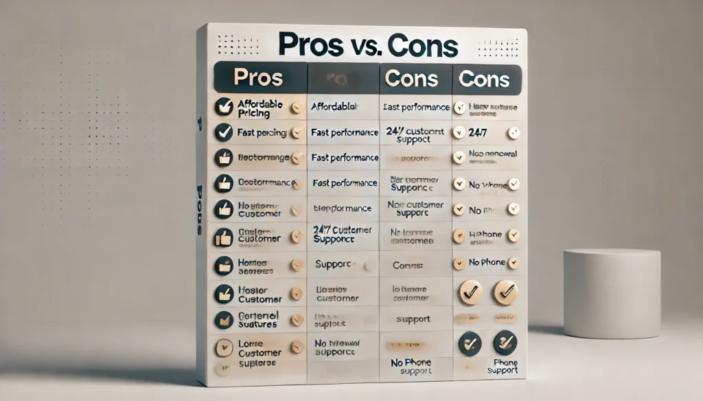 Hostinger reviews: pros vs. cons table for Hostinger’s advantages and disadvantages.
