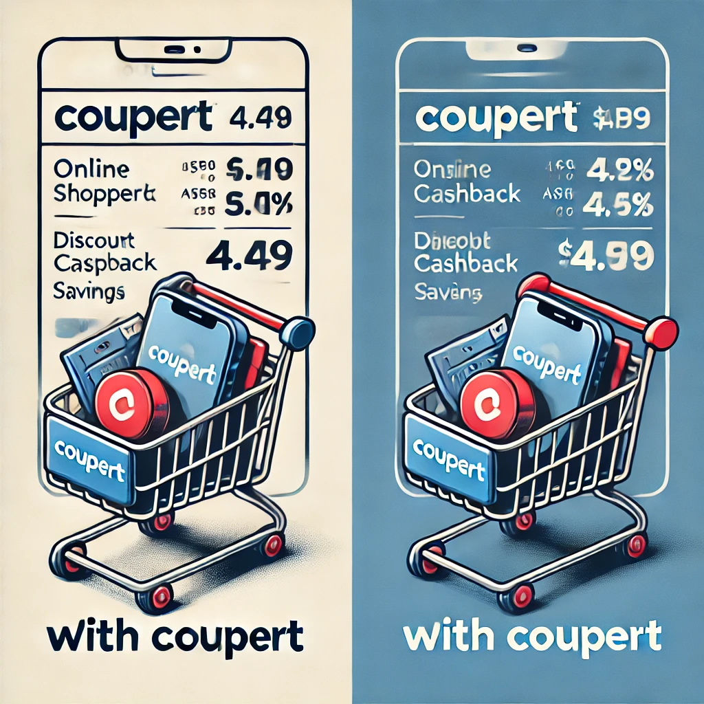 Coupert app: A side-by-side comparison graphic of a cart total with and without Coupert savings applied.