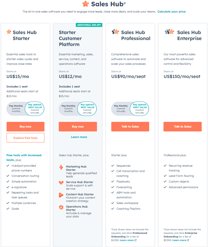 HubSpot Pricing: Pricing table for Sales Hub plans