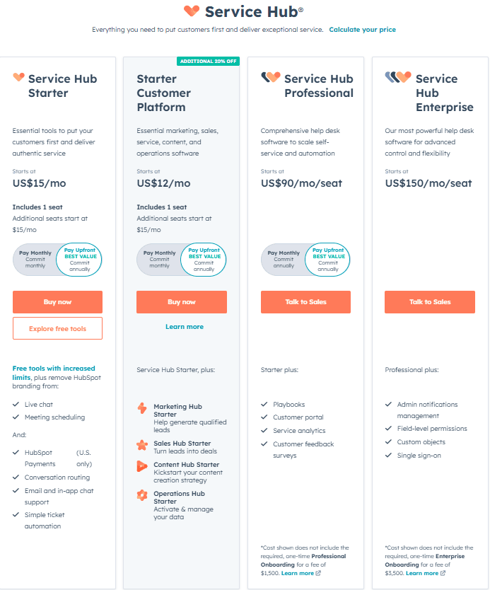 HubSpot Pricing: Pricing comparison table for Service Hub plans