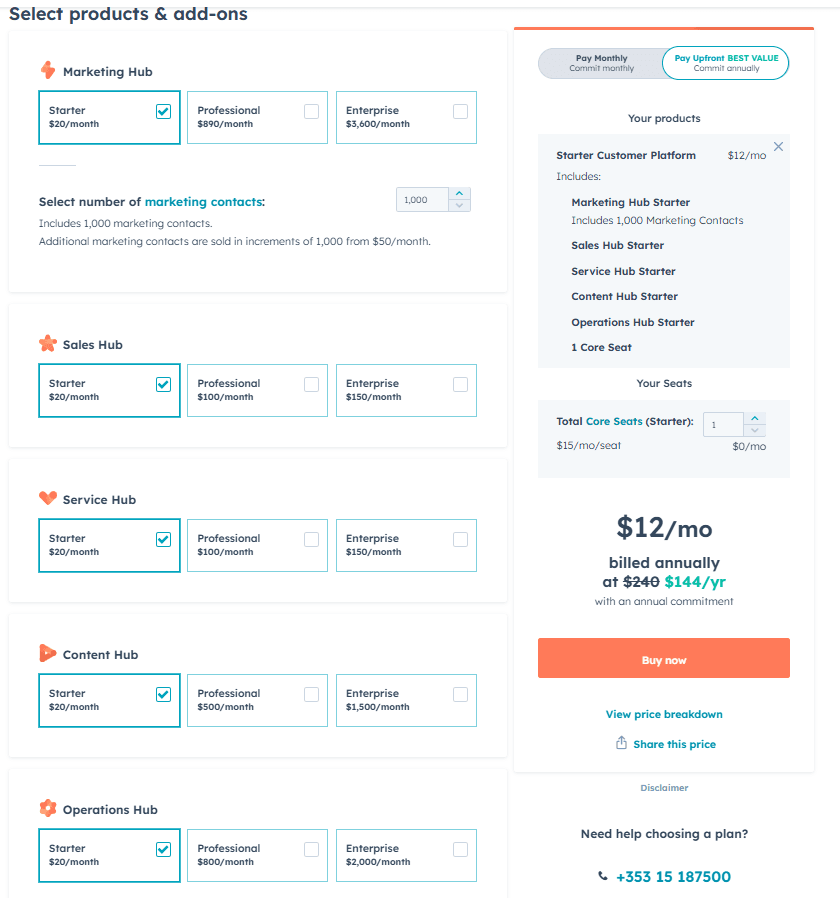 HubSpot Pricing: Chart or list of add-ons