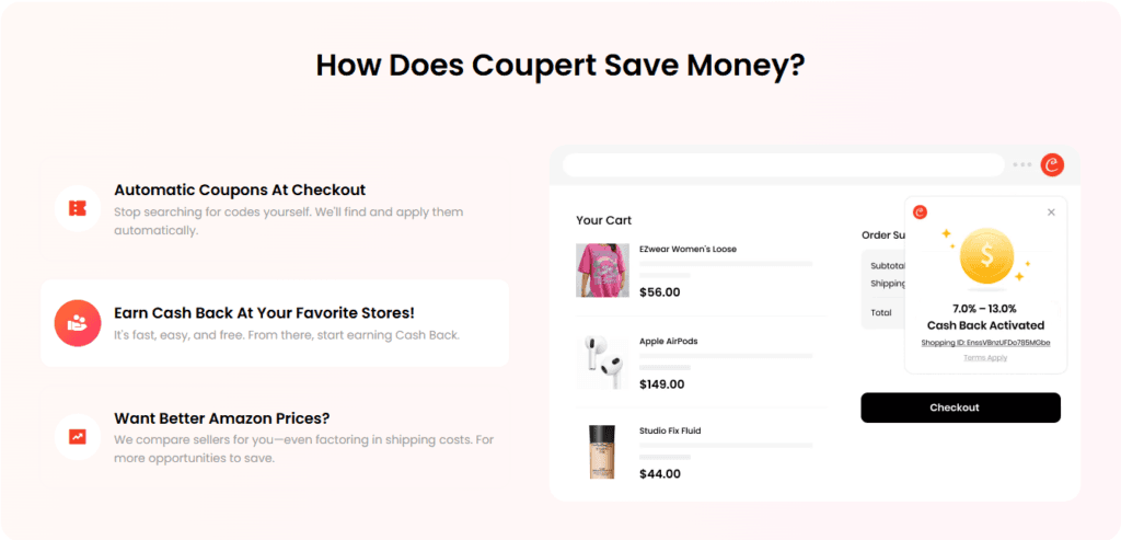 Coupert Reviews: cashback being credited to a user’s Coupert account.