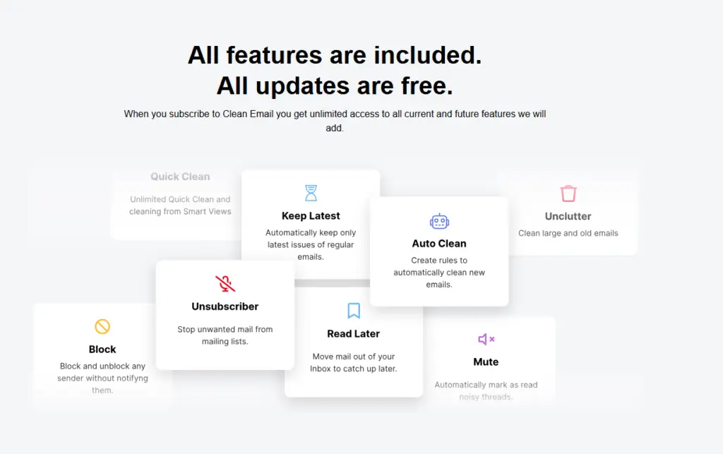 Clean Email: user interface, highlighting its features.