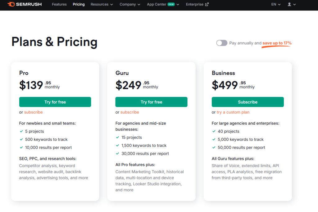 SEMrush pricing: Pricing Table