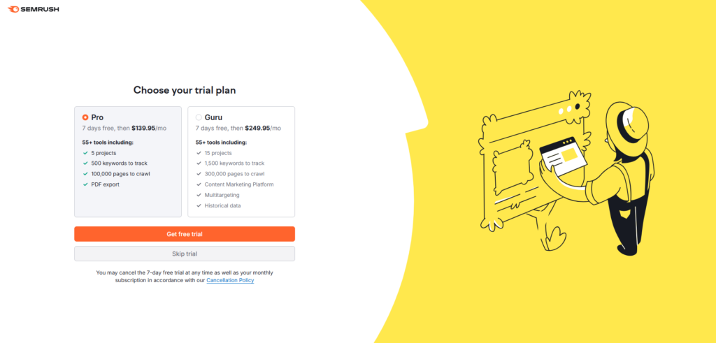 SEMrush pricing: SEMrush Free Trial