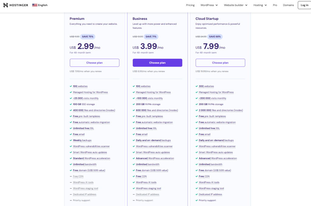 Hostinger reviews: the pricing page or plan options from Hostinger’s website.