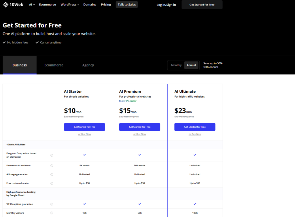 10Web pricing: 10Web’s pricing table