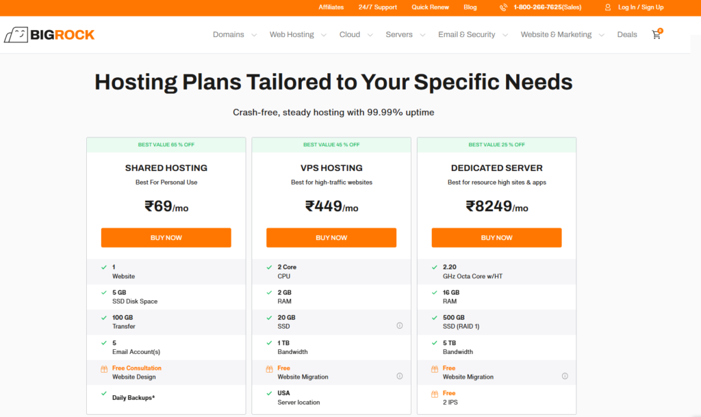 Bigrock.in: Pricing Table