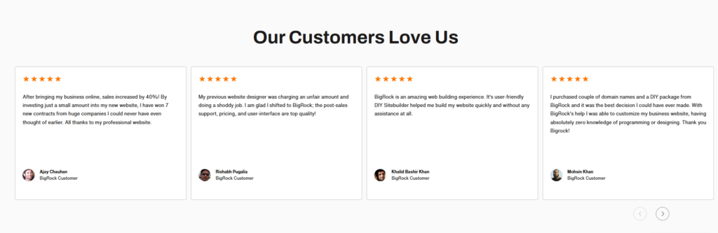 Bigrock.in: Customer Testimonials Section