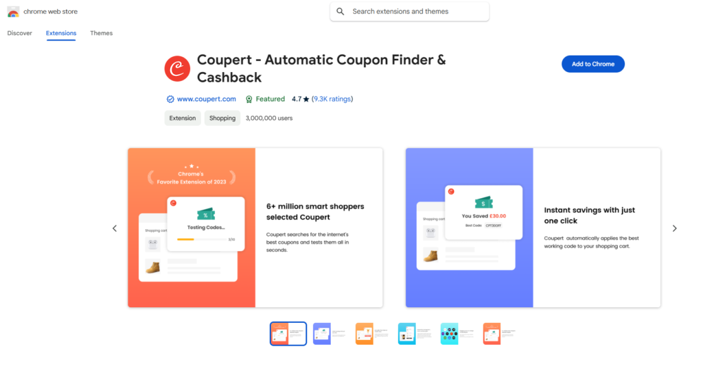 Coupert app: the Coupert extension listed in the Chrome Web Store