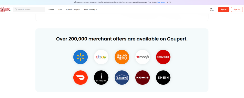 Coupert app: a selection of well-known e-commerce platforms