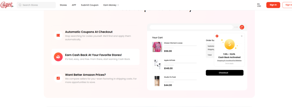 Coupert app: cashback is tracked in real-time