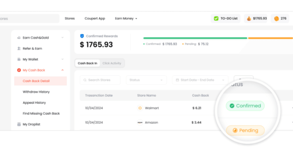Coupert Reviews: the Coupert dashboard showing cashback balances and transaction history.