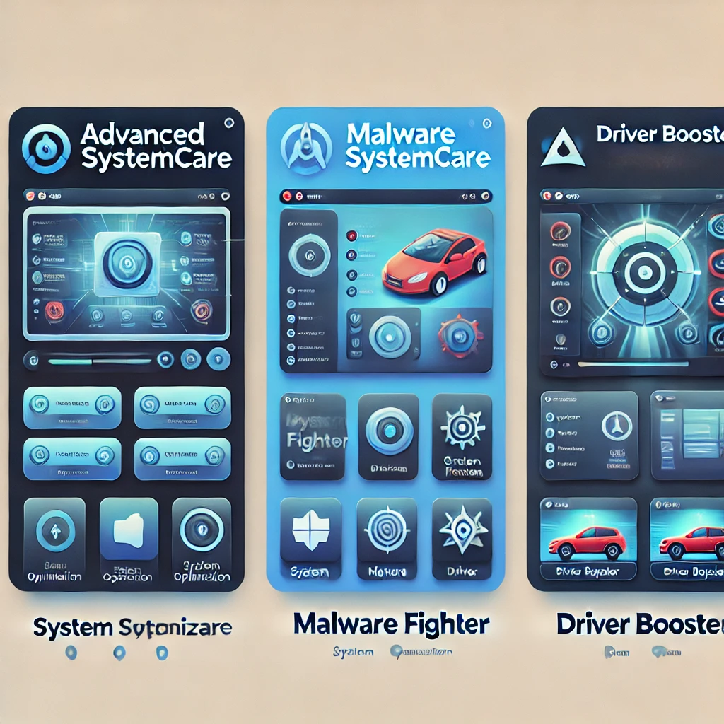IObit: Advanced SystemCare, Malware Fighter, or Driver Booster to highlight their interfaces.