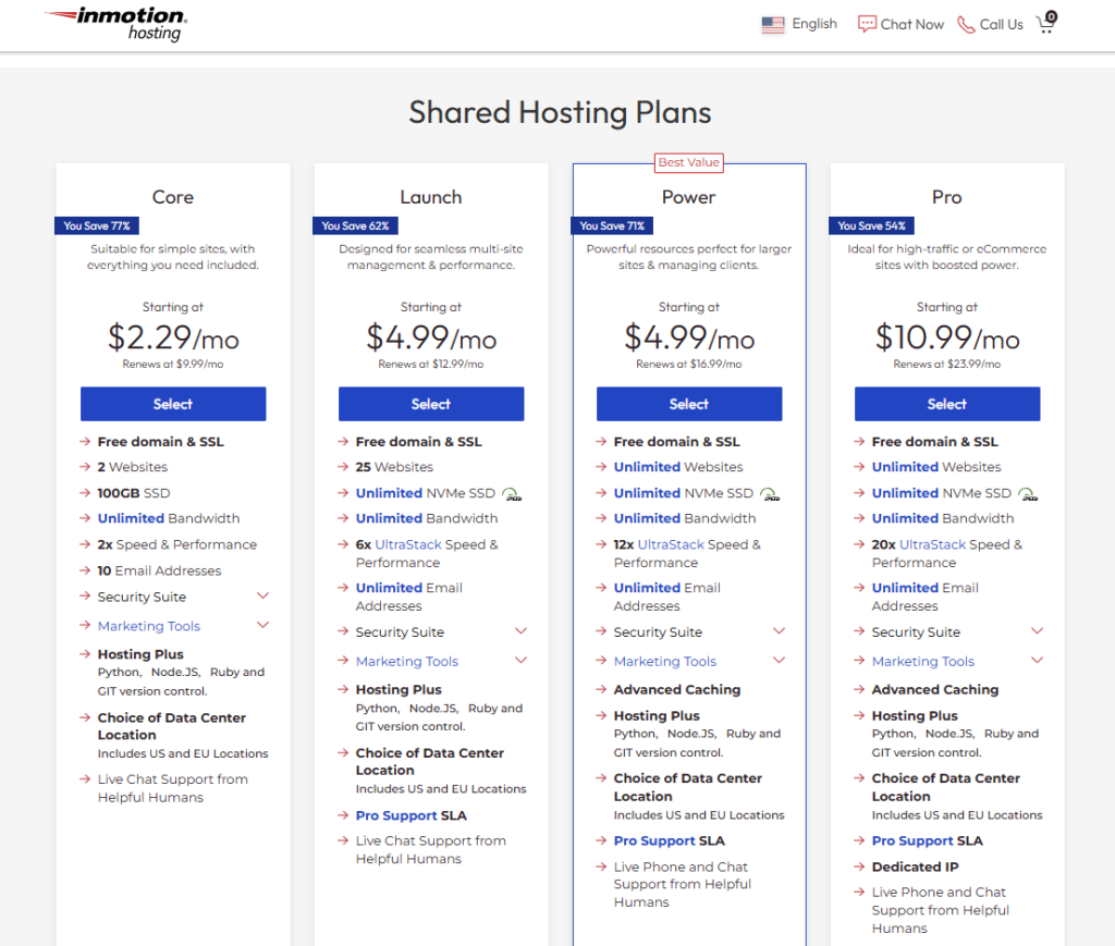 InMotion Hosting: a pricing table
