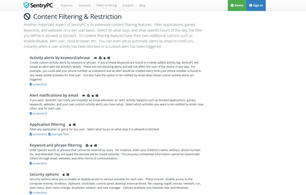 SentryPC: Web Filtering Settings