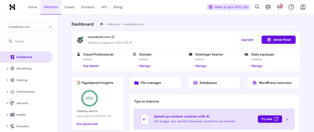 web hosting services: the Hostinger dashboard (hPanel).