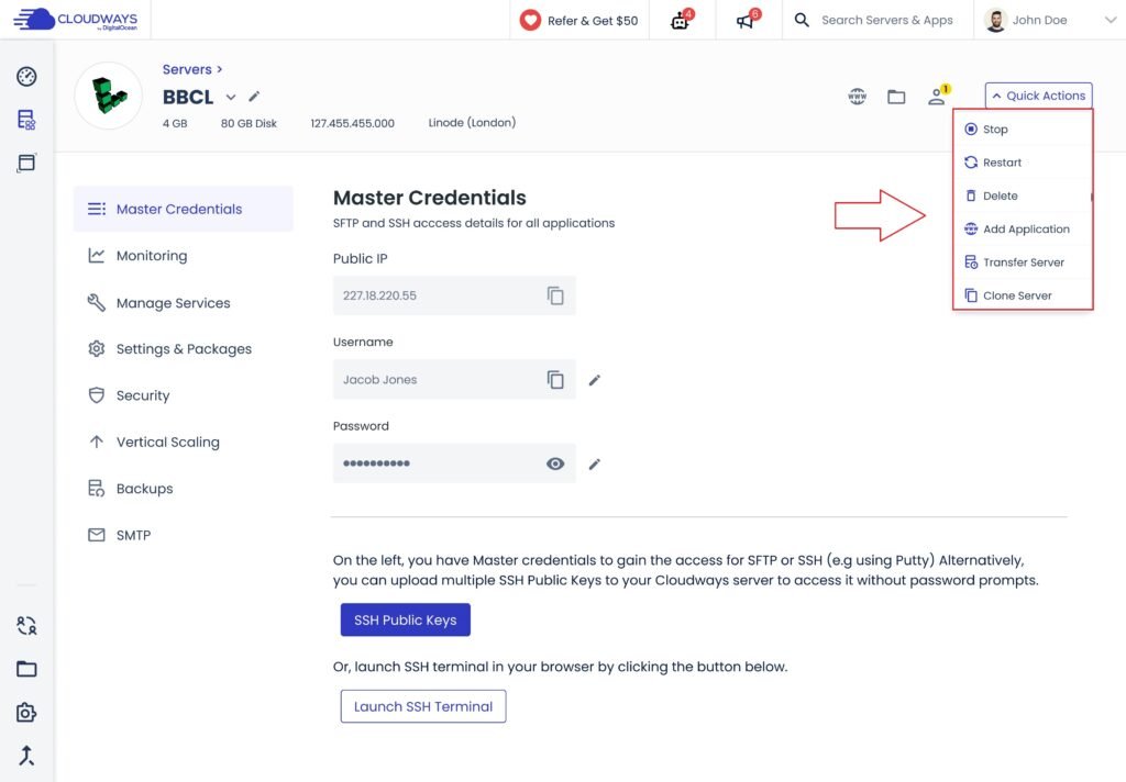 web hosting services: the Cloudways dashboard.