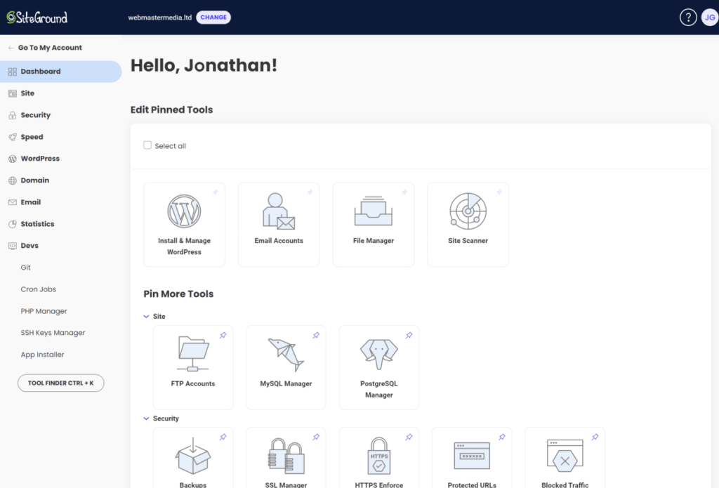 web hosting services: the SiteGround dashboard