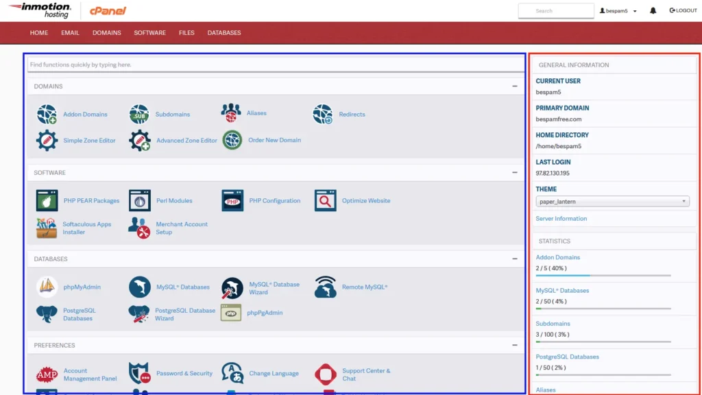 web hosting services: InMotion’s control panel hosting dashboard.