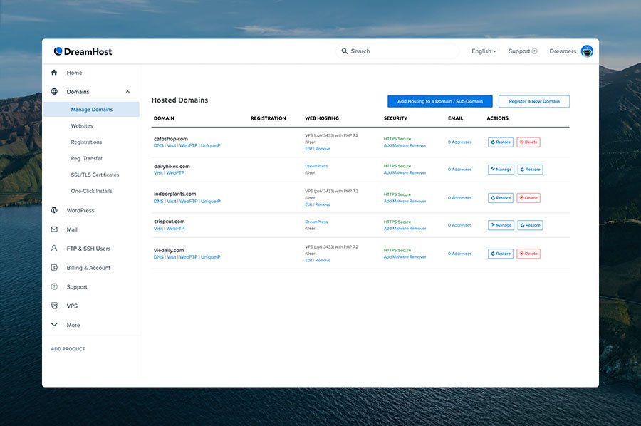 web hosting services: DreamHost dashboard