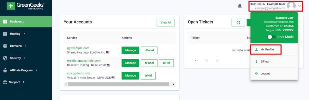 web hosting services: GreenGeeks’ dashboard.