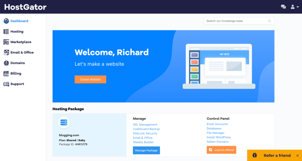 web hosting services: HostGator dashboard