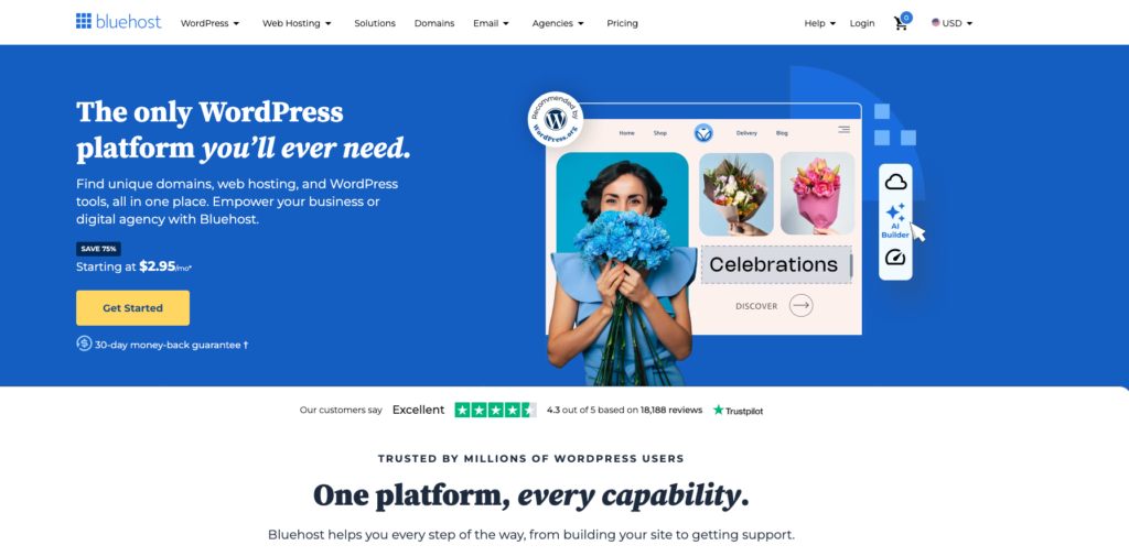 Bluehost review: Bluehost homepage