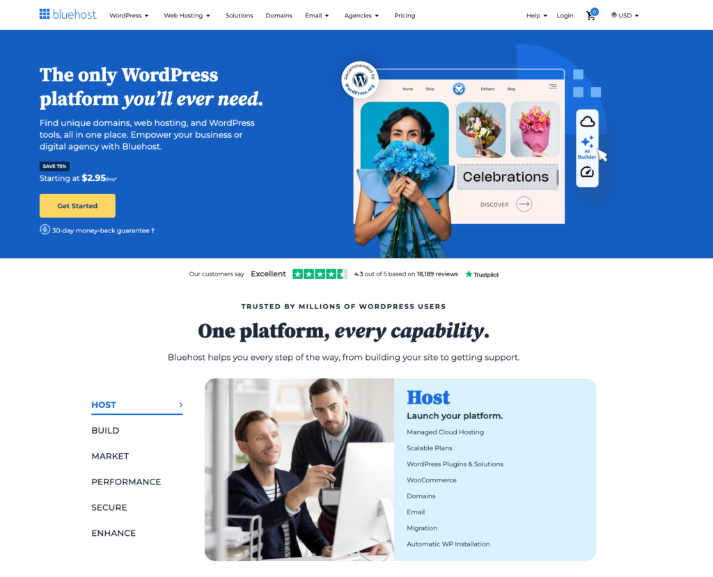 Bluehost reviews: Bluehost dashboard.