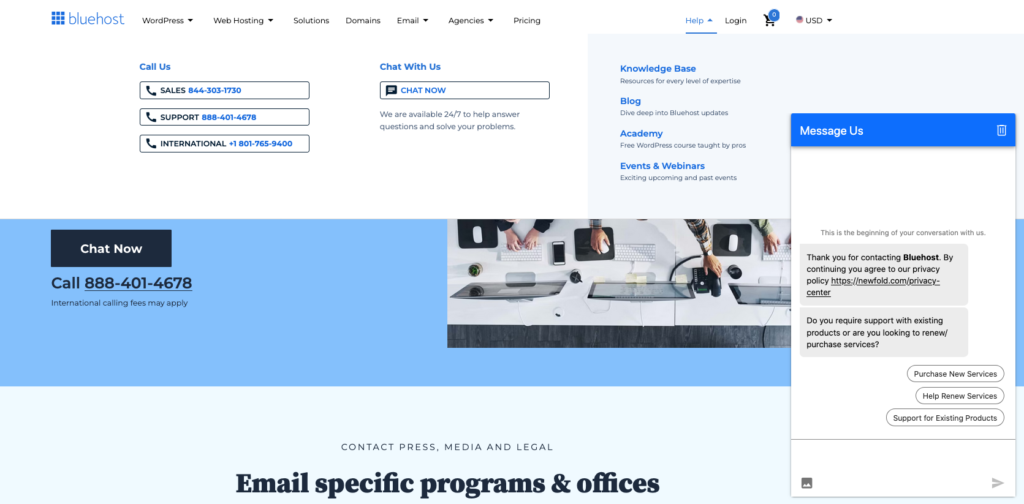 Bluehost reviews:the Bluehost support page.