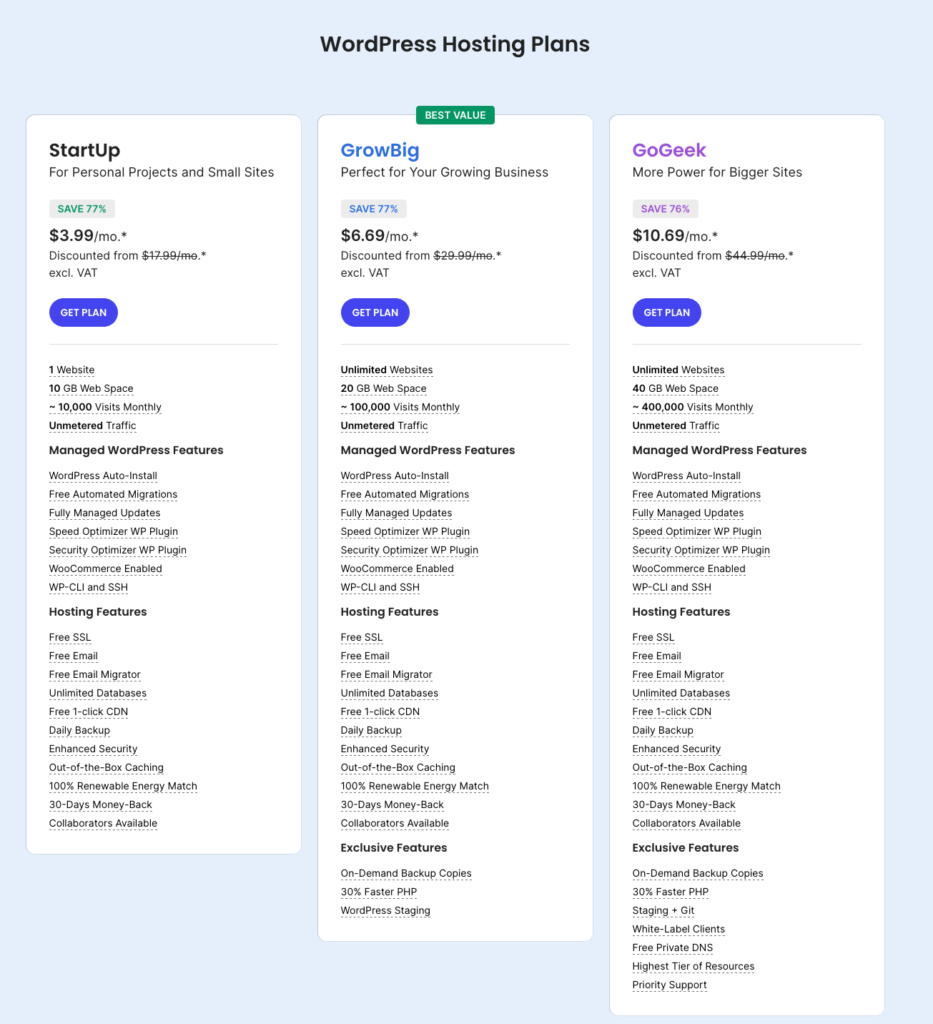 web hosting services: A comparison table of SiteGround’s hosting plans.