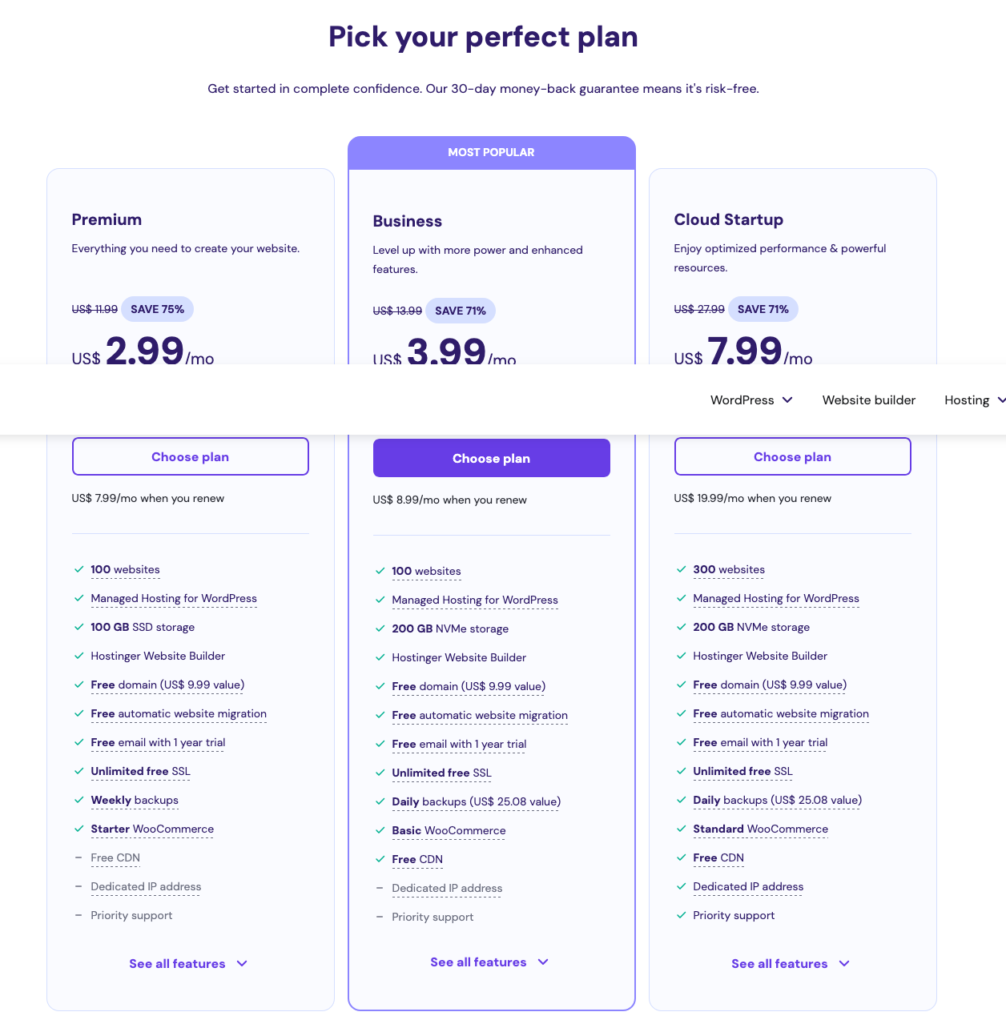 web hosting services: Hostinger’s hosting plans.