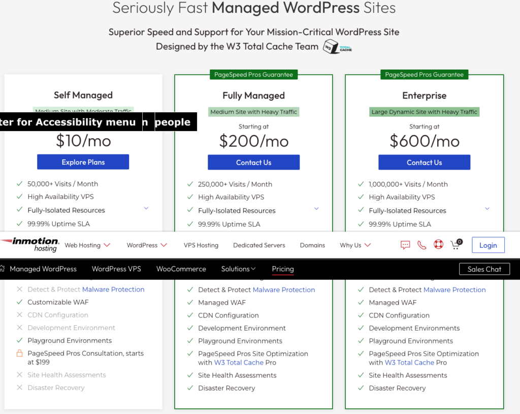 web hosting services: A table comparing InMotion’s different hosting plans.