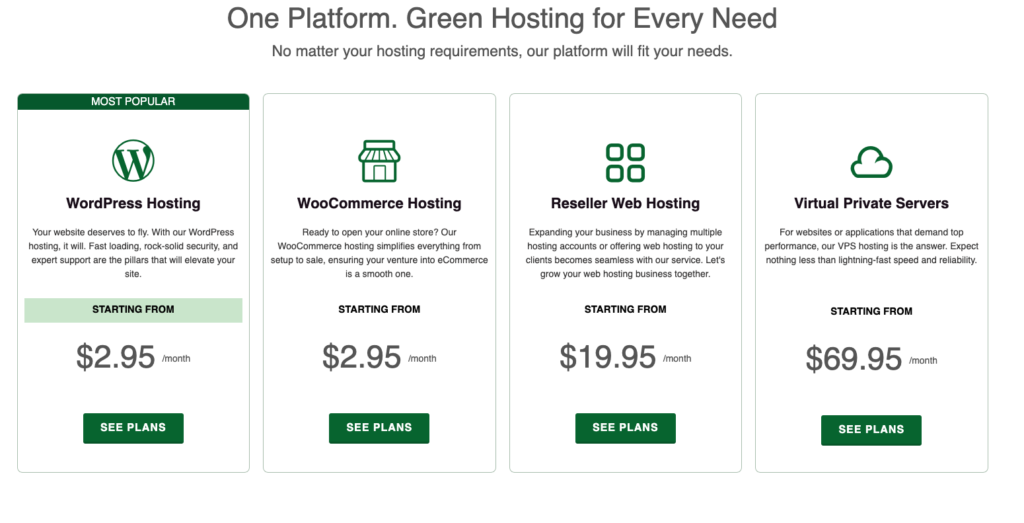 web hosting services: A table comparing GreenGeeks' hosting plans.