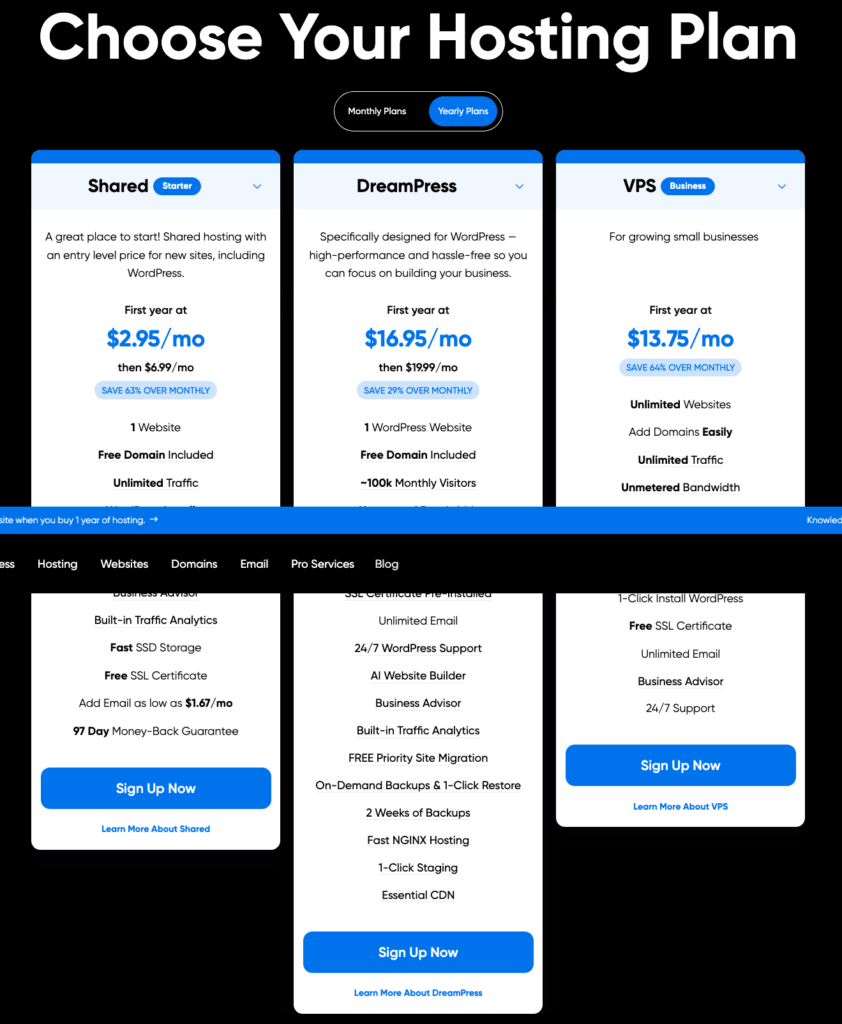 web hosting services: A table comparing DreamHost’s