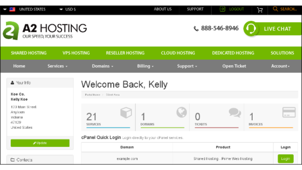 web hosting services: A2 Hosting’s dashboard.